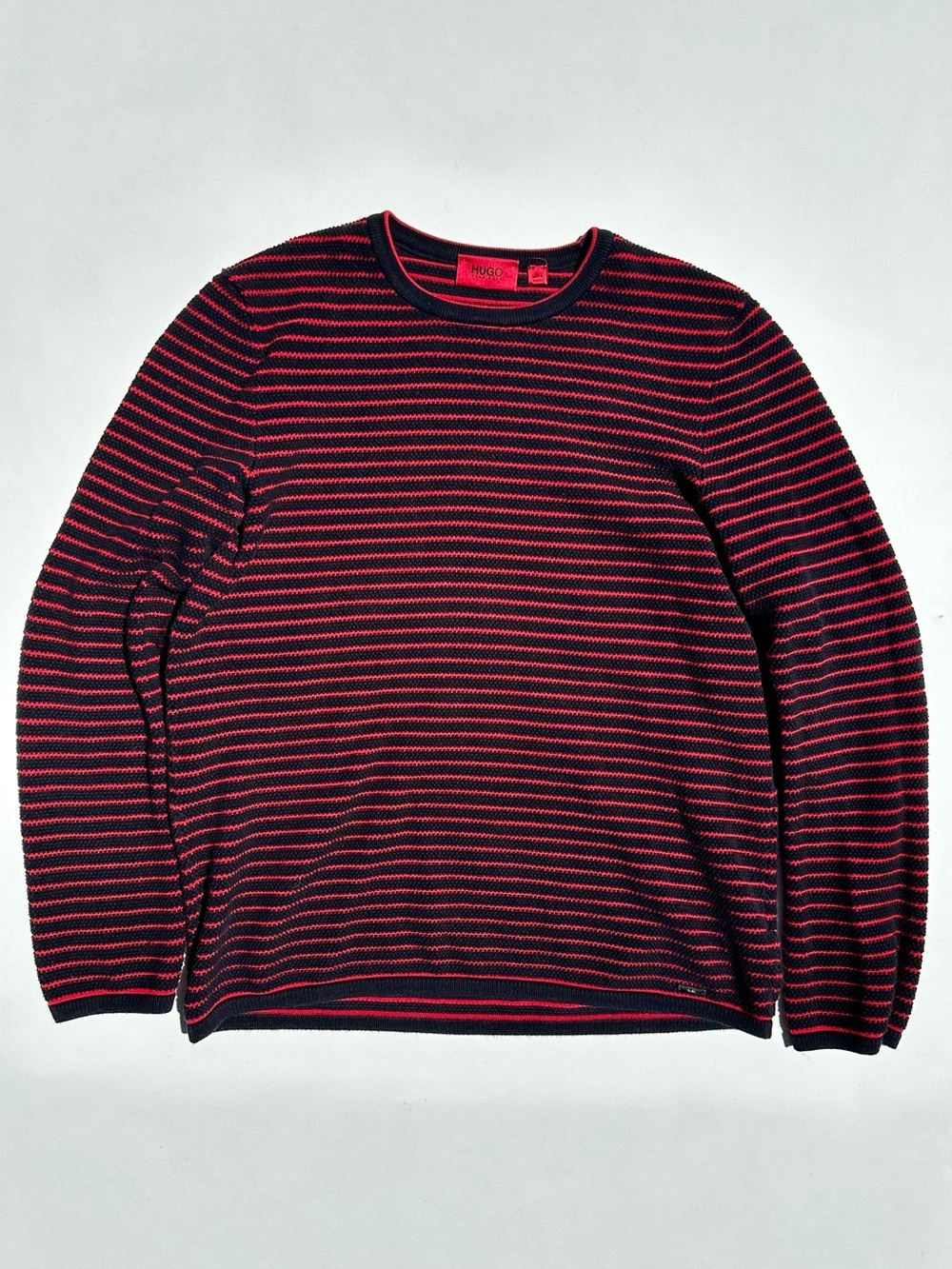Hugo Boss Shimo Relaxed Fit Cotton Black and Red Striped Crewneck Sweater, S